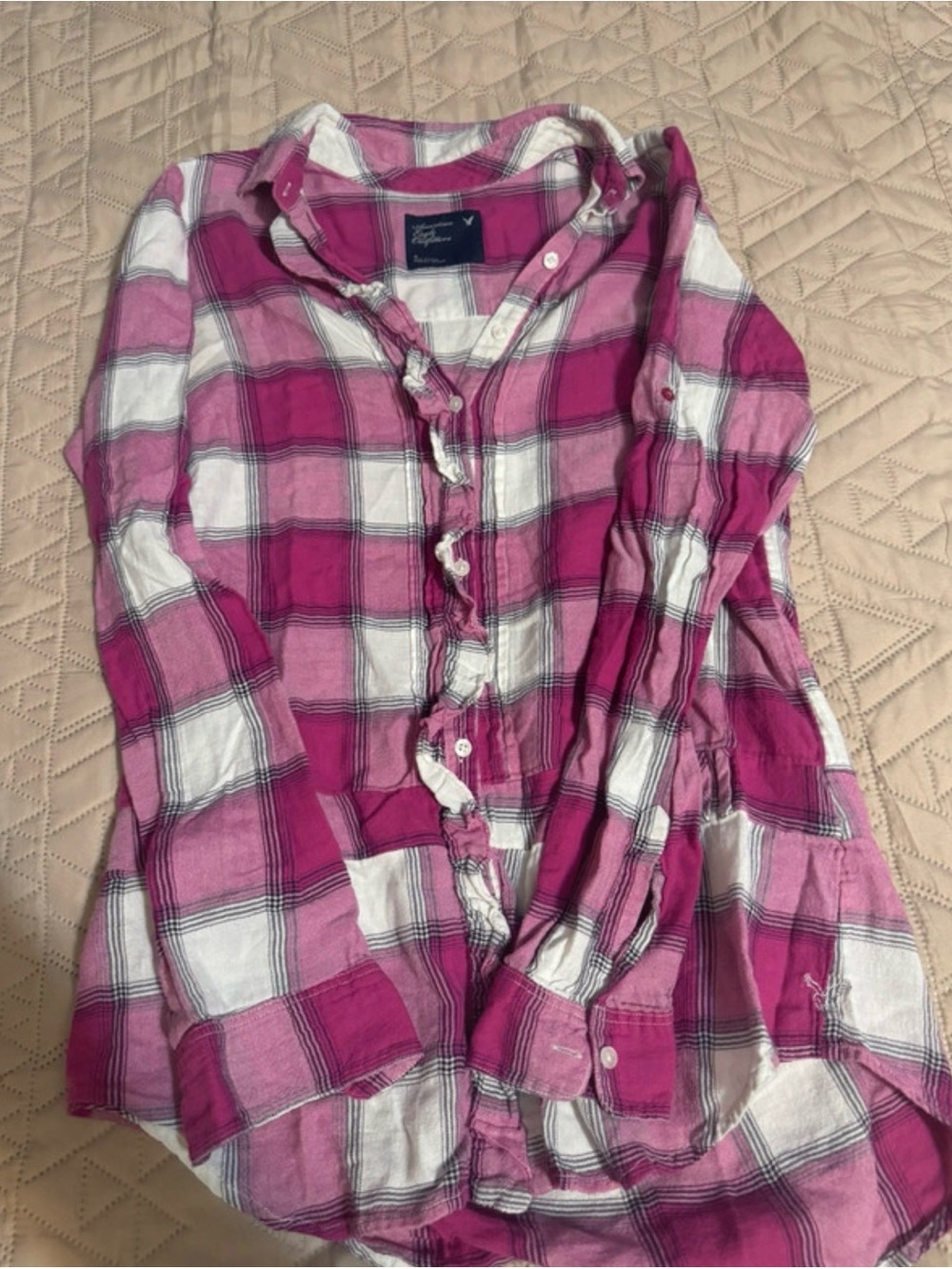 American Eagle Pink Plaid Button Up Shirt Womens 6